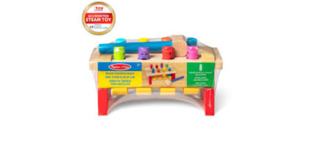 The Melissa & Doug Deluxe Pounding Bench is a classic toy that offers a unique twist with its 'peekaboo' design. Made from durable wood, it includes a wooden hammer and measures 10" x 5.25" x 5"